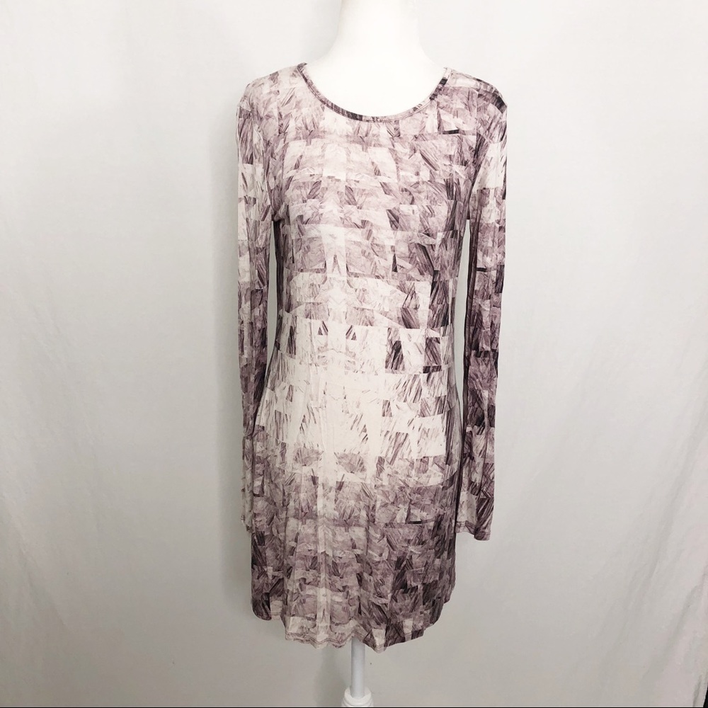 Three Dots Long Sleeve Mini Dress, Size Small, Purple Geometrical Design